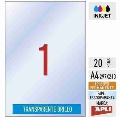 e01-10053- 20 hojas adhesivas A4 poliéster transparente BRILLO inkjet - APLI - Imagen 1