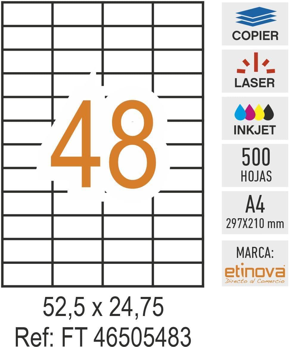 e48 - 500 hojas DIN A4 - Etiqueta blanca en hojas - 52,5 x 24,75 mm - Imagen 1